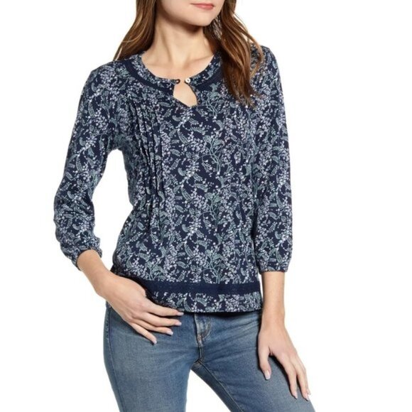 Lucky Brand Floral Pintuck Cotton Peasant Blouse - Picture 1 of 12